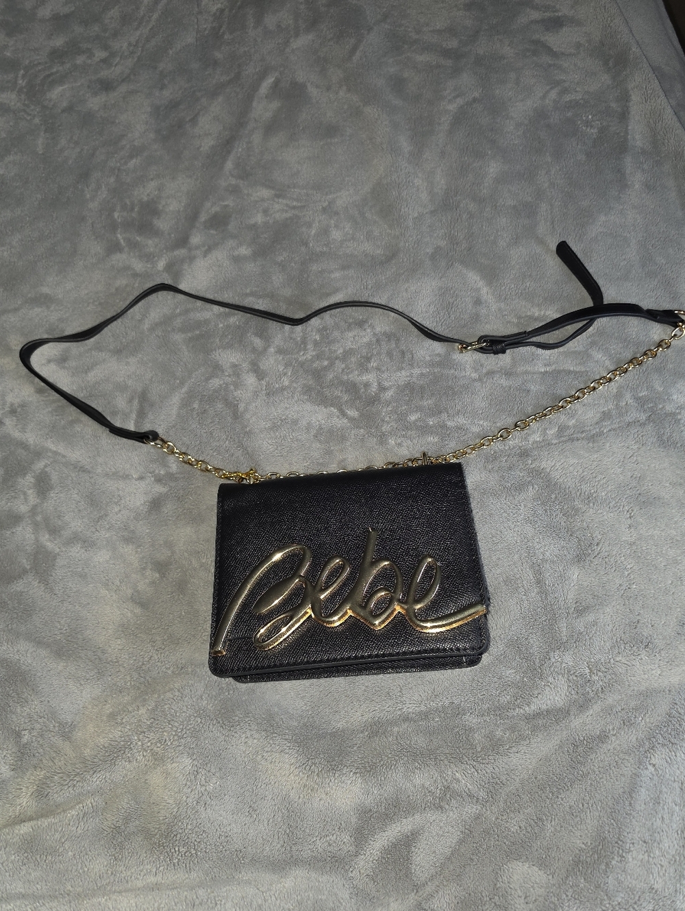bebe Black Shoulder Bag with Gold Script Logo Accent